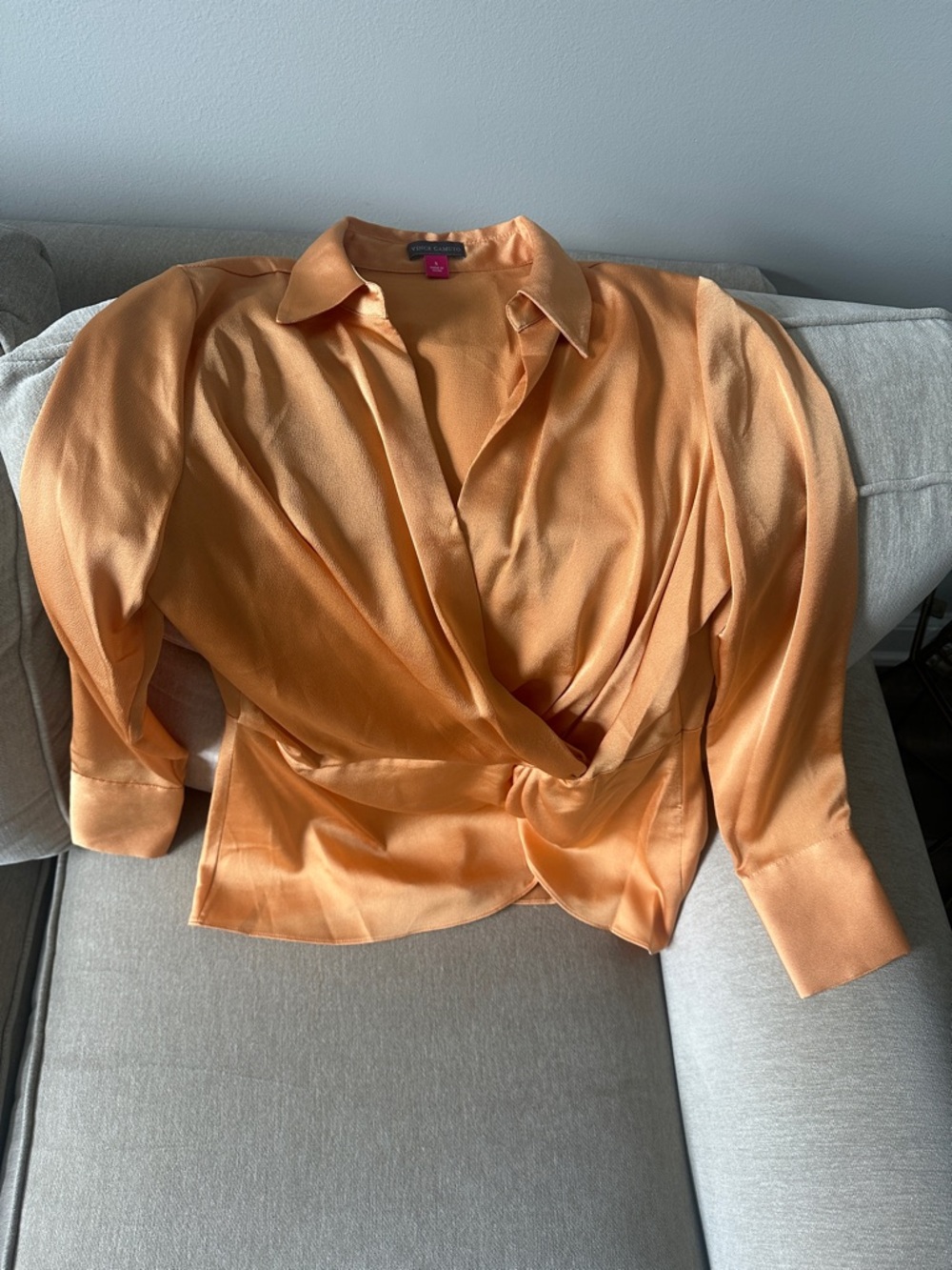 Vince Camuto Peach-Orange Satin Wrap Blouse- #Polished #Sophisticated